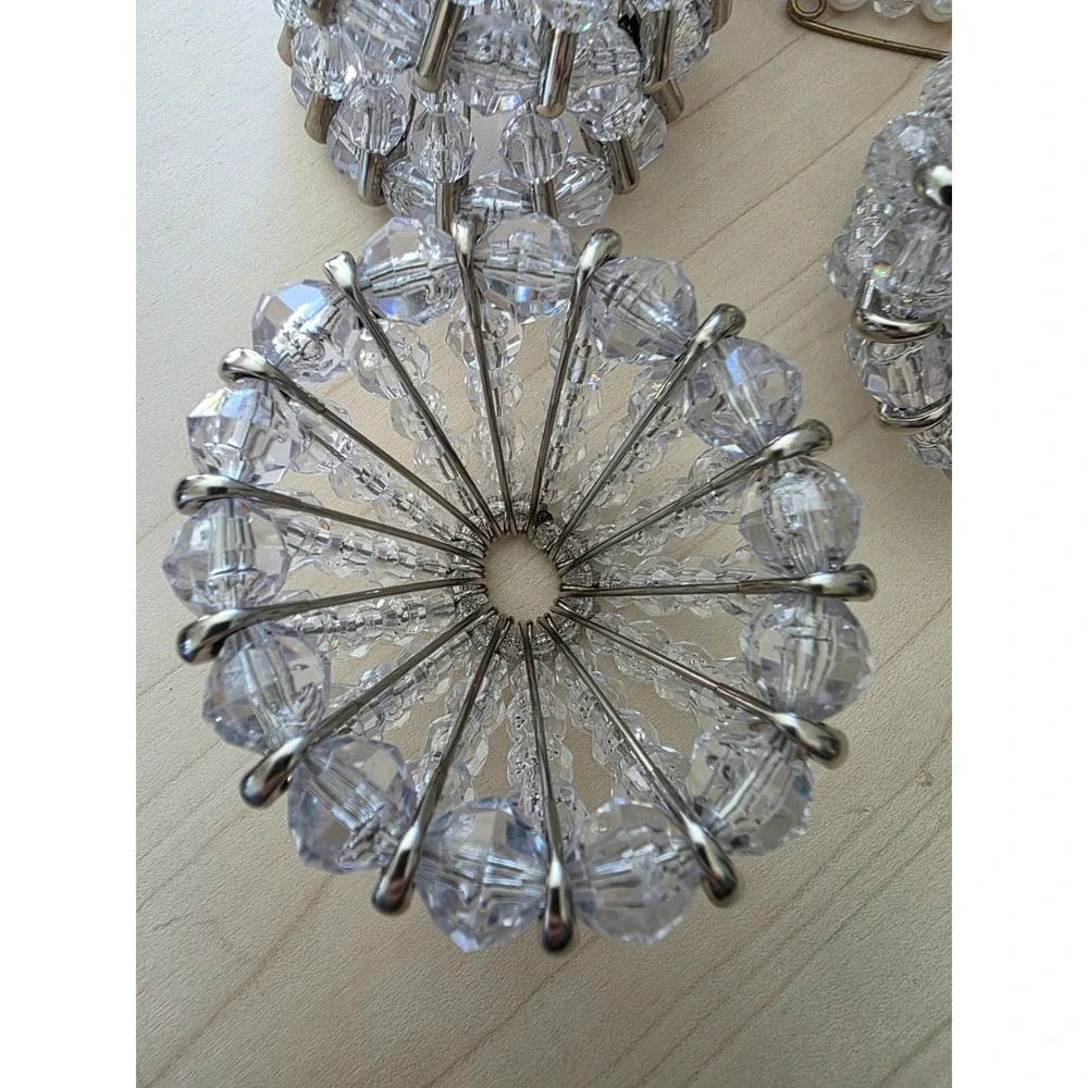 Vintage Beaded Safety Pin Christmas Ornaments Clear Crystal Look Lot of 7
